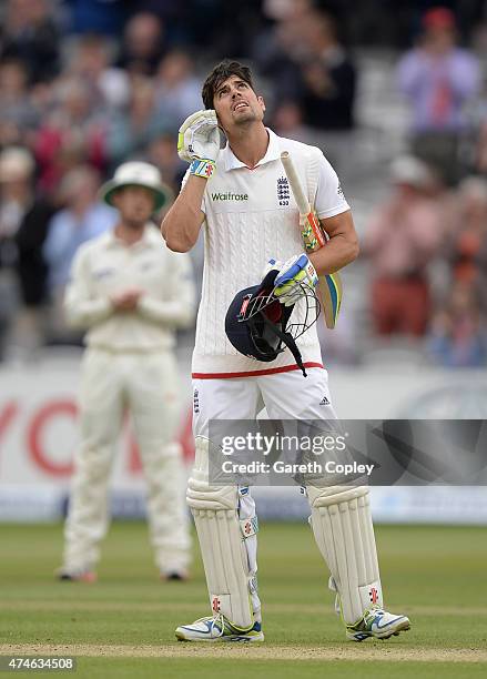 England captain Alastair Cook celebrates after reaching 150 runs during day four of 1st Investec Test match between England and New Zealand at Lord's...