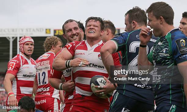 Gloucester's Darren Dawidiuk celebrates as he scores a try during the Gloucester Rugby v Connacht Rugby European Champions Cup Play-Off at Kingsholm...