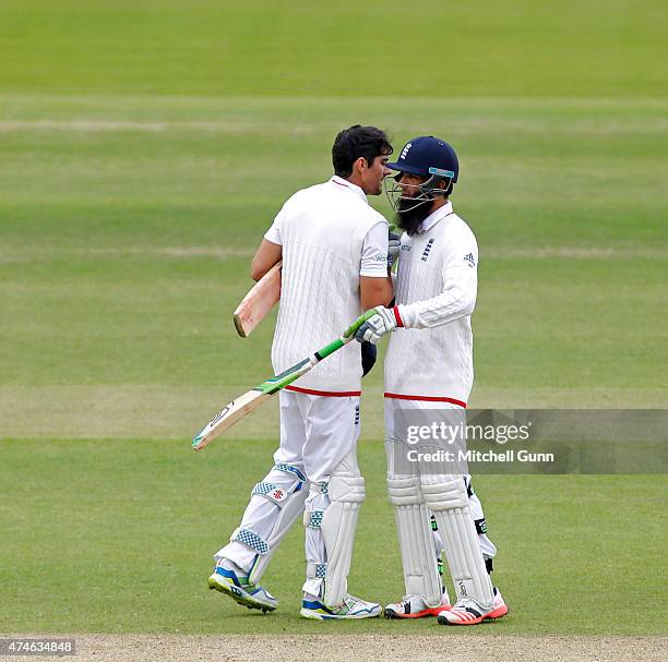 Alastair Cook of England celebrates scoring 150 runs during day four of the 1st Investec Test match between England and New Zealand at Lord's Cricket...