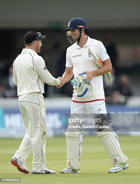 England captain Alastair Cook shakes hands with Brendon McCullum of New Zealand at stumps on day four of 1st Investec Test match between England and...