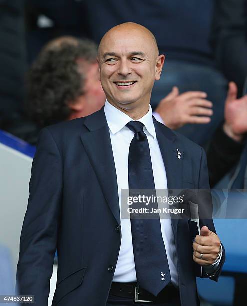 Tottenham Hotspur Chairman Daniel Levy looks on prior to the Barclays Premier League match between Everton and Tottenham Hotspur at Goodison Park on...