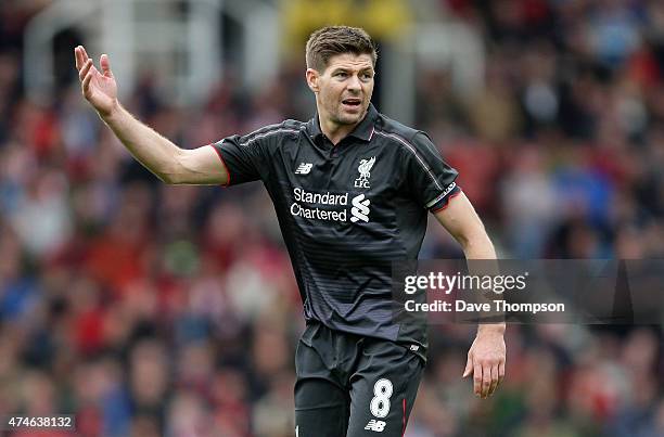 Steven Gerrard of Liverpool gestures during the Barclays Premier League match between Stoke City and Liverpool at Britannia Stadium on May 24, 2015...