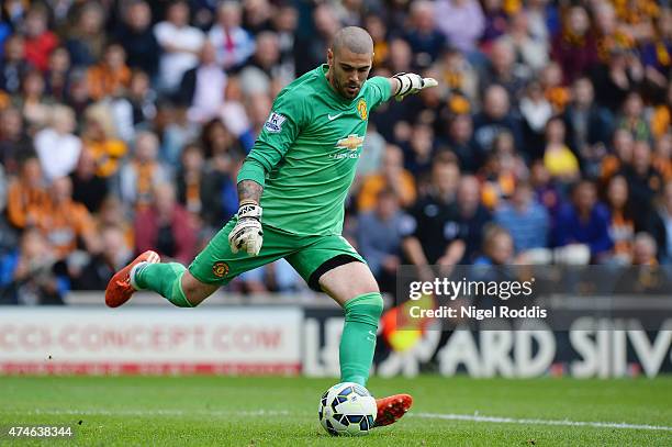 Victor Valdes of Manchester United in action during the Barclays Premier League match between Hull City and Manchester United at KC Stadium on May...