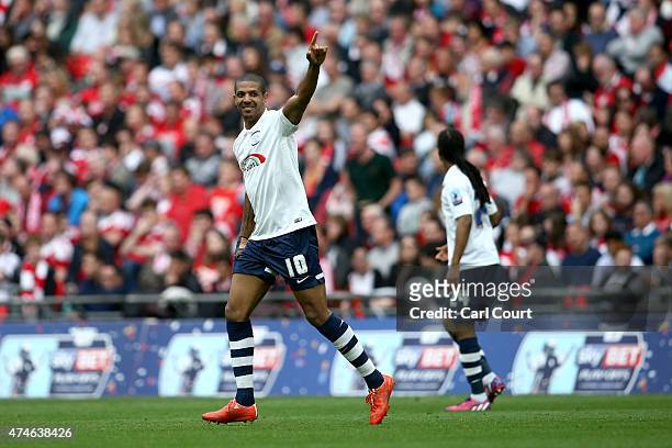 Jermaine Beckford of Preston North End celebrates after scoring his hat trick during the League One play-off final between Preston North End and...