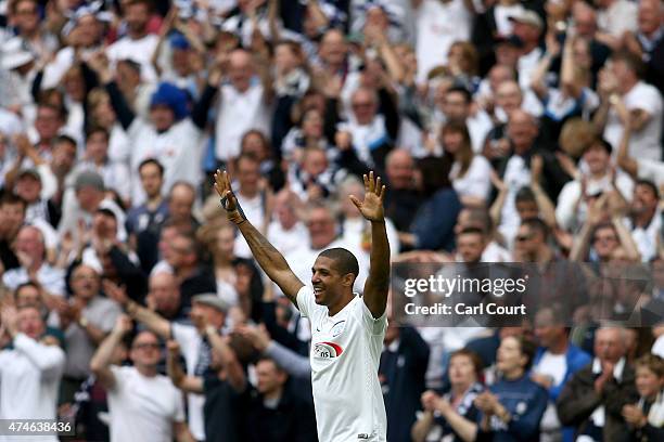 Jermaine Beckford of Preston North End celebrates after scoring his hat trick during the League One play-off final between Preston North End and...