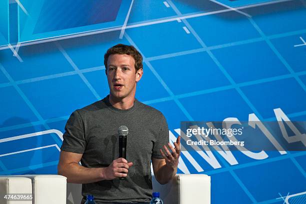 Mark Zuckerberg, chief executive officer of Facebook Inc., speaks during a keynote session on the opening day of the Mobile World Congress in...