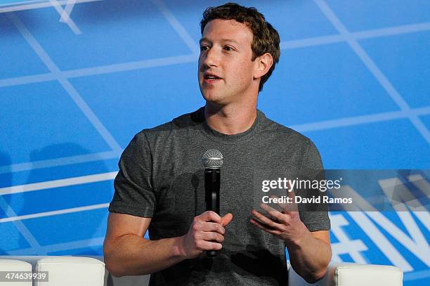 Co-Founder, Chairman and CEO of Facebook Mark Zuckerberg speaks during his keynote conference as part of the first day of the Mobile World Congress...