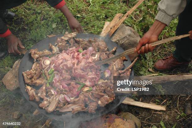 selbständige kochen fleisch auf holz-natur - camping with bone fire stock-fotos und bilder