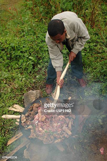 selbständige kochen fleisch auf holz-natur - camping with bone fire stock-fotos und bilder
