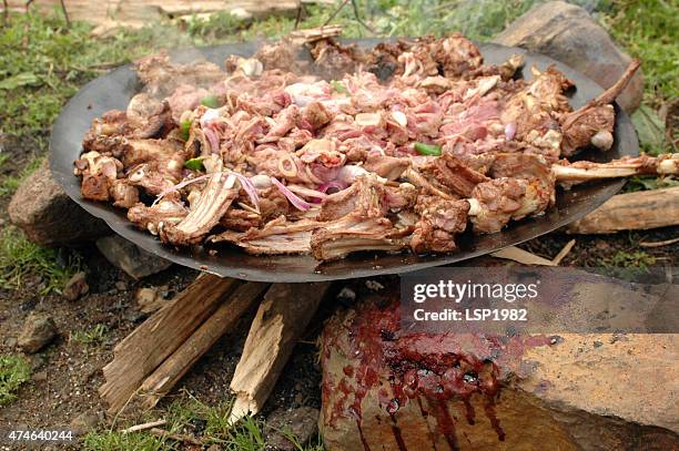 butchers cooking meat on wood fire in nature - camping with bone fire stock pictures, royalty-free photos & images