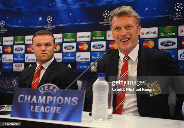 Wayne Rooney and manager David Moyes speak to the media during the Manchester United press conference at Karaiskakis Stadium on February 24, 2014 in...