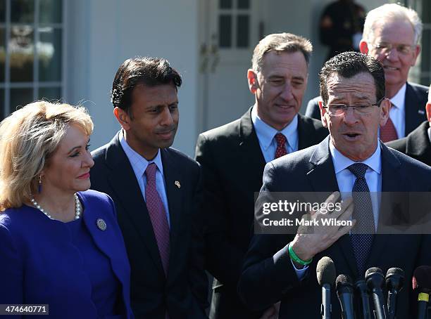 Connecticut Gov. Dan Malloy speaks while flanked by Oklahoma Gov. Mary Fallin, , Louisiana Gov. Bobby Jindal , and other members of the National...