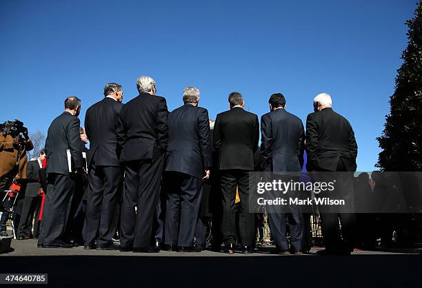 Members of the National Governors Association speak to the media after a meeting with President Barack Obama at the White House February 24, 2014 in...