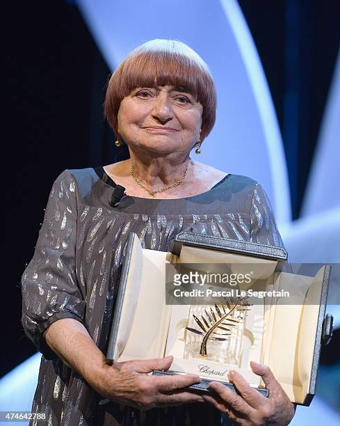 Agnes Varda receieves an Honorary Palme d'Or attends the closing ceremony during the 68th annual Cannes Film Festival on May 24, 2015 in Cannes,...