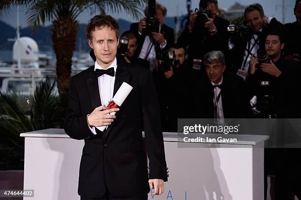 Director Laszlo Nemes, winner of the Grand Prix for his film 'Saul Fia', attends a photocall for the winners of the Palme d'Or during the 68th annual...