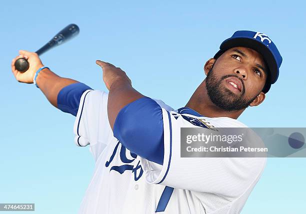 Carlos Peguero of the Kansas City Royals poses for a portrait during spring training photo day at Surprise Stadium on February 24, 2014 in Surprise,...