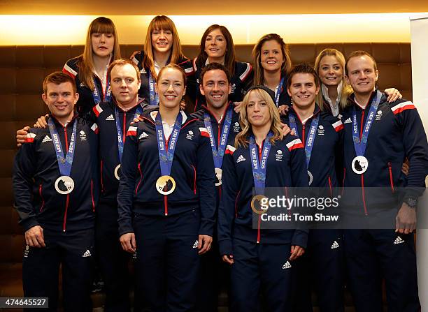 Team GB's medal winners including Lizzy Yarnold, David Murdoch, Eve Muihead and Claire Hamilton pose for a picture during the Team GB Welcome Home...