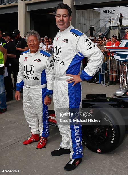 Mario Andretti and Adam Carolla attend the Indy 500 on May 23, 2015 in Indianapolis, Indiana.