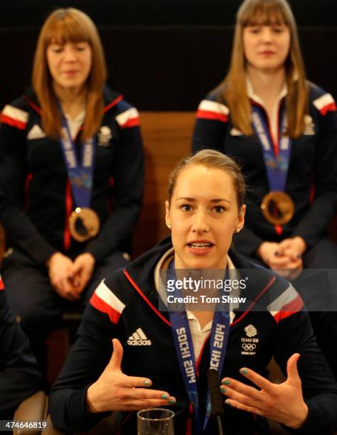 Skeleton racer Lizzy Yarnold of Great Britain talks to the press during the Team GB Welcome Home Press Conference at the Sofitel Hotel on February...