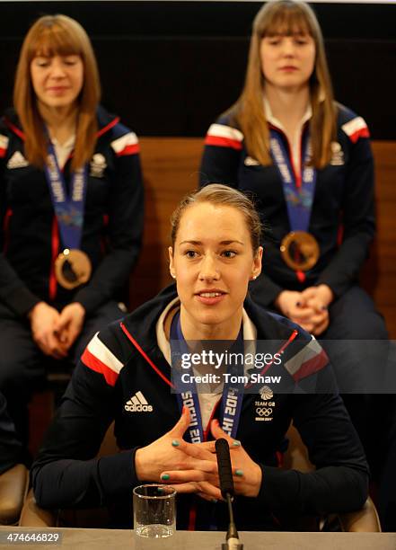 Skeleton racer Lizzy Yarnold of Great Britain talks to the press during the Team GB Welcome Home Press Conference at the Sofitel Hotel on February...