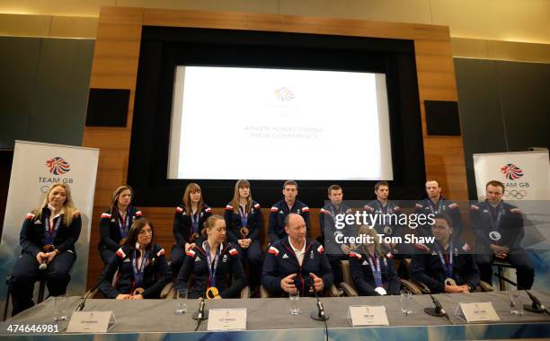 Team GB medal winners and Chef de Mission Mike Hay talk to the press during the Team GB Welcome Home Press Conference at the Sofitel Hotel on...