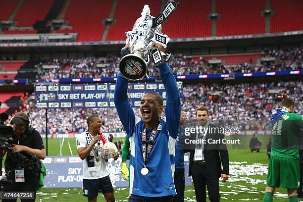 Jermaine Beckford of Preston North End celebrates after winning the League One play-off final between Preston North End and Swindon Town at Wembley...