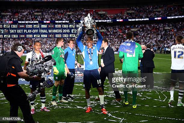 Jermaine Beckford of Preston North End celebrates after winning the League One play-off final between Preston North End and Swindon Town at Wembley...