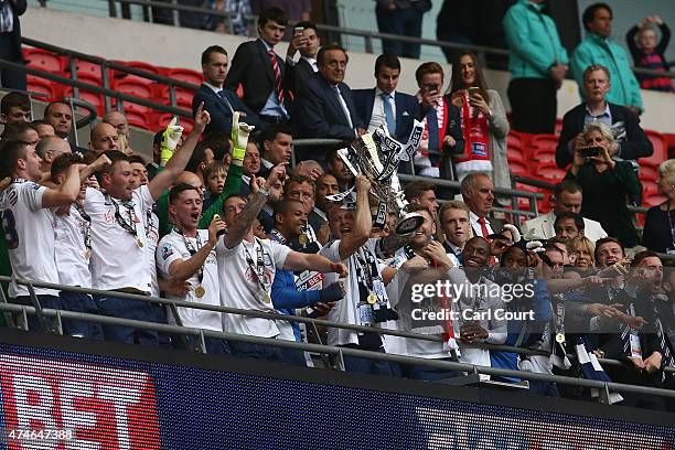 Preston North End players and staff celebrate after winning the League One play-off final between Preston North End and Swindon Town at Wembley...