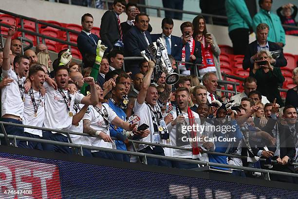 Preston North End players and staff celebrate after winning the League One play-off final between Preston North End and Swindon Town at Wembley...