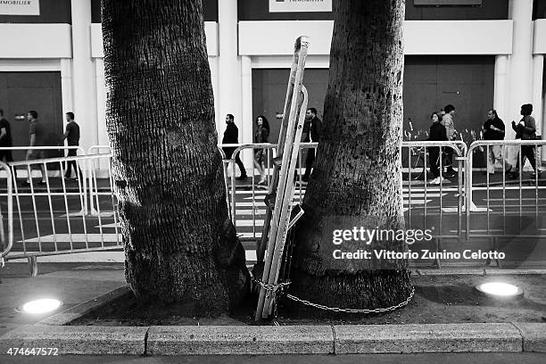 Ladder abandoned between trees after the closing ceremony of the 68th annual Cannes Film Festival on May 24, 2015 in Cannes, France.