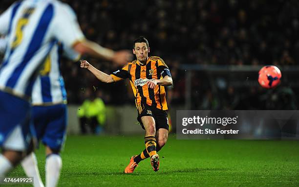 Hull player Robert Koren scores the second goal from a free kick during the FA Cup Fifth round replay between Hull City and Brighton & Hove Albion at...