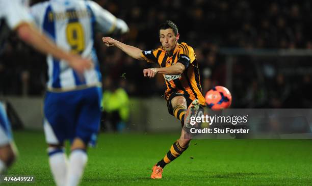 Hull player Robert Koren scores the second goal from a free kick during the FA Cup Fifth round replay between Hull City and Brighton & Hove Albion at...