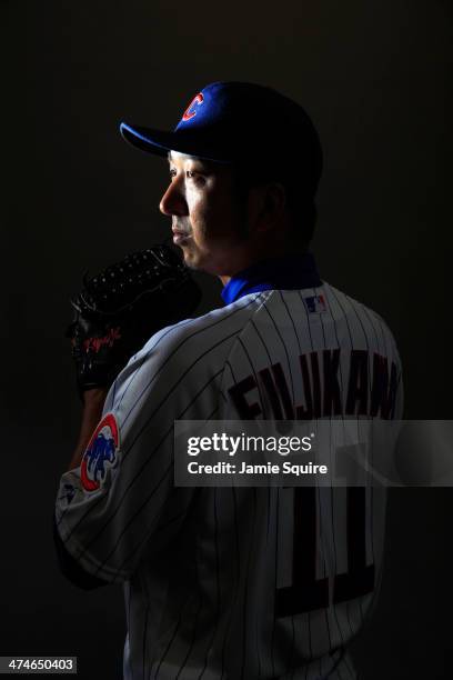 Pitcher Kyuji Fujikawa poses during Chicago Cubs photo day on February 24, 2014 in Tempe, Arizona.