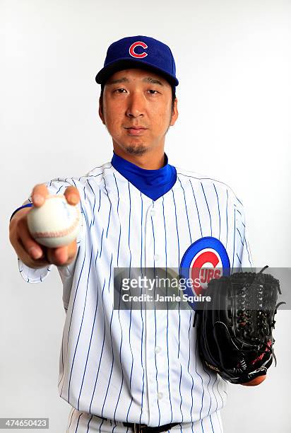 Pitcher Kyuji Fujikawa poses during Chicago Cubs photo day on February 24, 2014 in Tempe, Arizona.