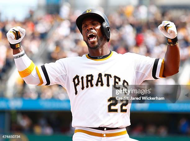 Andrew McCutchen of the Pittsburgh Pirates celebrates following his two-run home run in the fifth inning against the New York Mets during the game at...