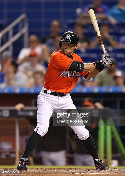 Ichiro Suzuki of the Miami Marlins bats during the eighth inning of the game against the Baltimore Orioles at Marlins Park on May 24, 2015 in Miami,...