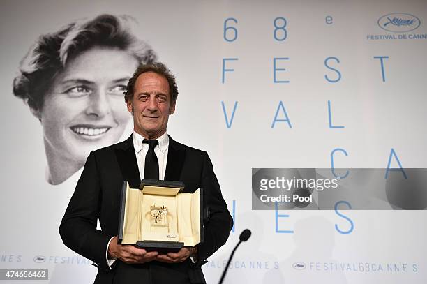 Actor Vincent Lindon, winner of the Best Actor Prize for his role in the film ' La Loi du Marche' attends the Palme d'Or Winners press conference...