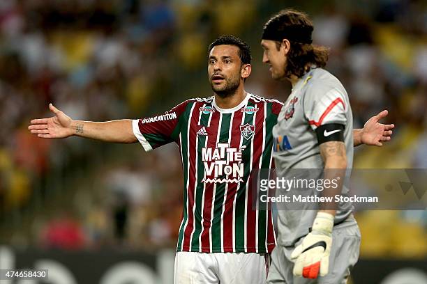 Fred of Fluminense reacts to a missed goal opportunity against Corinthians during their Brasileirao Series A 2015 match at Maracana Stadium on May...