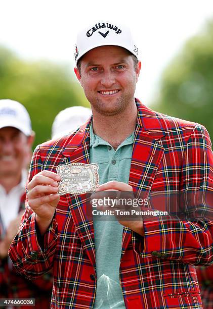 Chris Kirk poses after winning during the final round of the Crowne Plaza Invitational at the Colonial Country Club on May 24, 2015 in Fort Worth,...