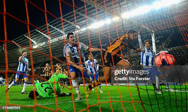 Brighton player Leonardo Ulloa celebrates the first Brighton goal during the FA Cup Fifth round replay between Hull City and Brighton & Hove Albion...