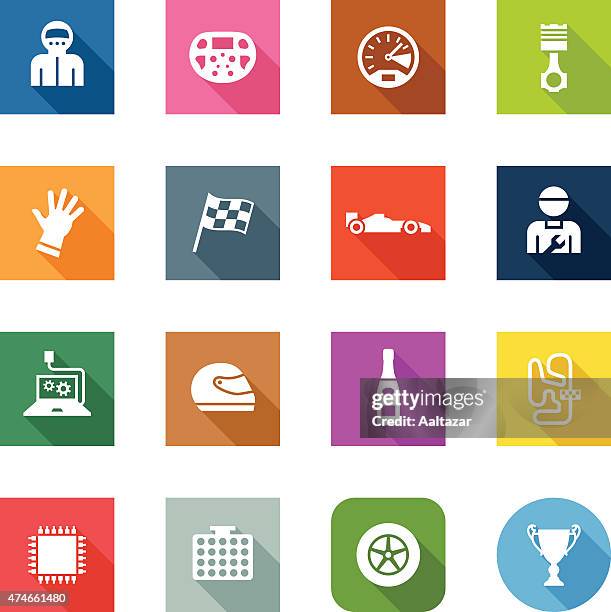 flat icons - open-wheel single-seater racing car - engine control unit stock illustrations