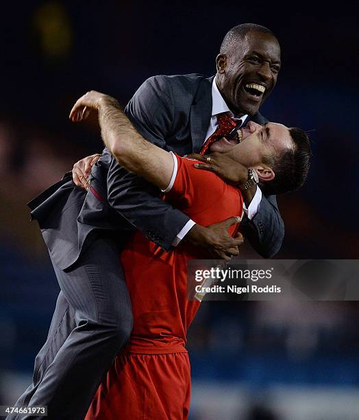 Manager of Charlton Athletic Chris Powell and Andy Hughes celebrate after winning the Budweiser FA Cup Fifth Round match between Sheffield Wednesday...