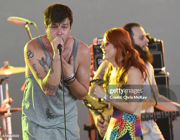 Colin Louis Dieden, Katie Jayne Earl, and Matthew Di Panni of The Mowgli's perform during day 3 of the 3rd Annual Shaky Knees Music Festival at...