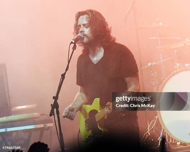 Jake Snider of Minus The Bear performs during day 3 of the 3rd Annual Shaky Knees Music Festival at Atlanta Central Park on May 10, 2015 in Atlanta...