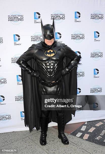 Cosplayer dressed as Batman at Warner Bros. And DC Comics Super Hero World Record Event held at Hollywood & Highland Courtyard on April 18, 2015 in...