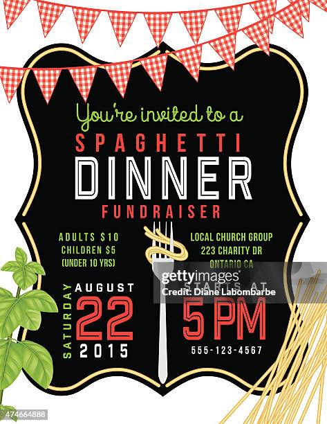 spaghetti dinner vertical invite poster template on white background - black tablecloth stock illustrations