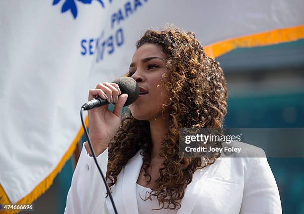 Vocalist Jordin Sparks sings the National Anthem during the 2015 Indy 500 at Indianapolis Motorspeedway on May 24, 2015 in Indianapolis, Indiana.