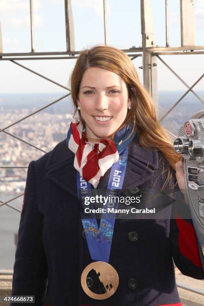 Olympic Bronze Medalist Luger Erin Hamlin visits The Empire State Building on February 24, 2014 in New York City.