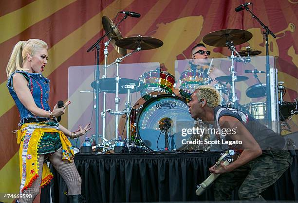 Gwen Stefani, Adrian Young and Tony Kanal of No Doubt perform during 2015 New Orleans Jazz & Heritage Festival - Day 5 at Fair Grounds Race Course on...