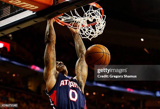 Jeff Teague of the Atlanta Hawks dunks against the Cleveland Cavaliers in the second quarter during Game Three of the Eastern Conference Finals of...
